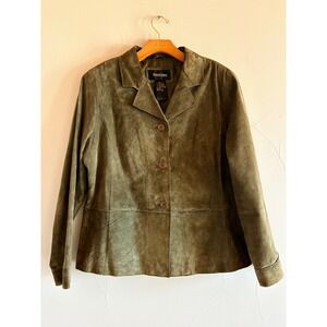 Brandon Thomas Womens Olive Green Suede Leather Jacket Blazer Button Front XL